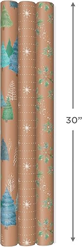 Miniatura 3 de Hallmark - Papel de regalo de estraza sostenible para fiestas, con líneas de corte en el reverso (3 rollos 90 pies cuadrados TTL), paquete de tres