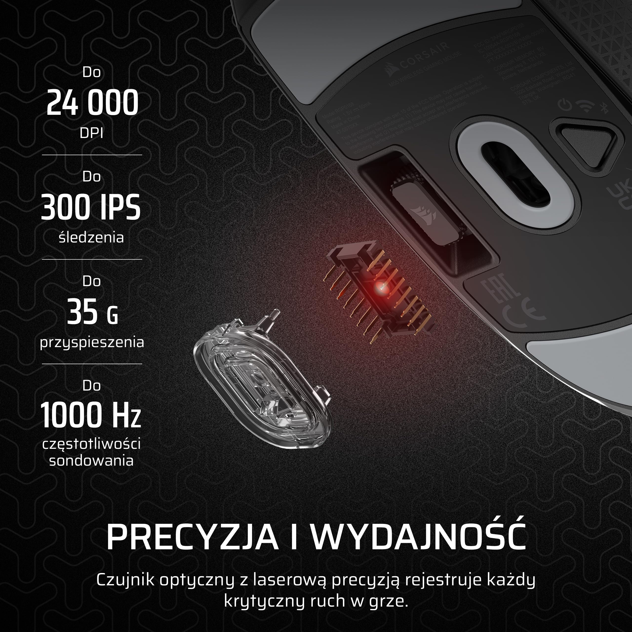 CORSAIR M55 WIRELESS Lekka FPS Mysz Gamingowa – 2.4GHz & Bluetooth – 24 000 DPI – Ultradługi czas Działania na Baterii – Sześć Programowanych Przycisków – Uchwyty Boczne o Fakturze – Czarny