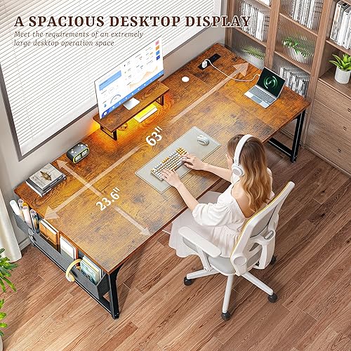 Miniatura 4 de Escritorio para computadora de 63 pulgadas con soporte para monitor y escritorio de 0.945 in de grosor, escritorio para juegos con tomas de