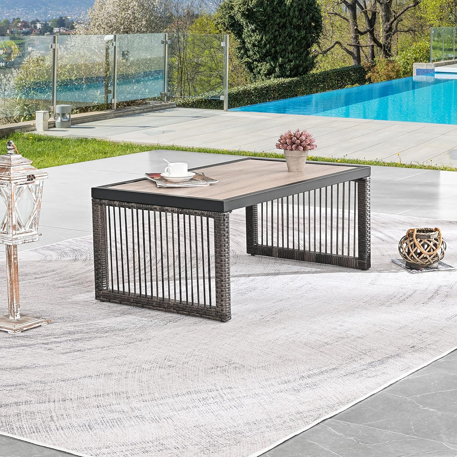 LOKATSE HOME Outdoor Coffee Table Rectangle Dining Furniture for Balcony, Porch, Deck, Black/Brown