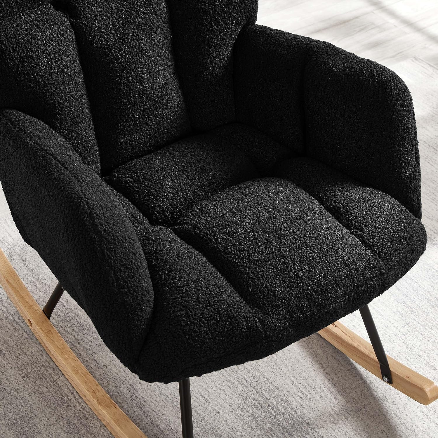 Small Rocking Chair, Teddy upholstered Nursery Rocker with High Backrest & Armrest, Glider Rocking Chairs for Living Room Bedroom Small Spaces, Metal Frame, Easy Assembly (Black)