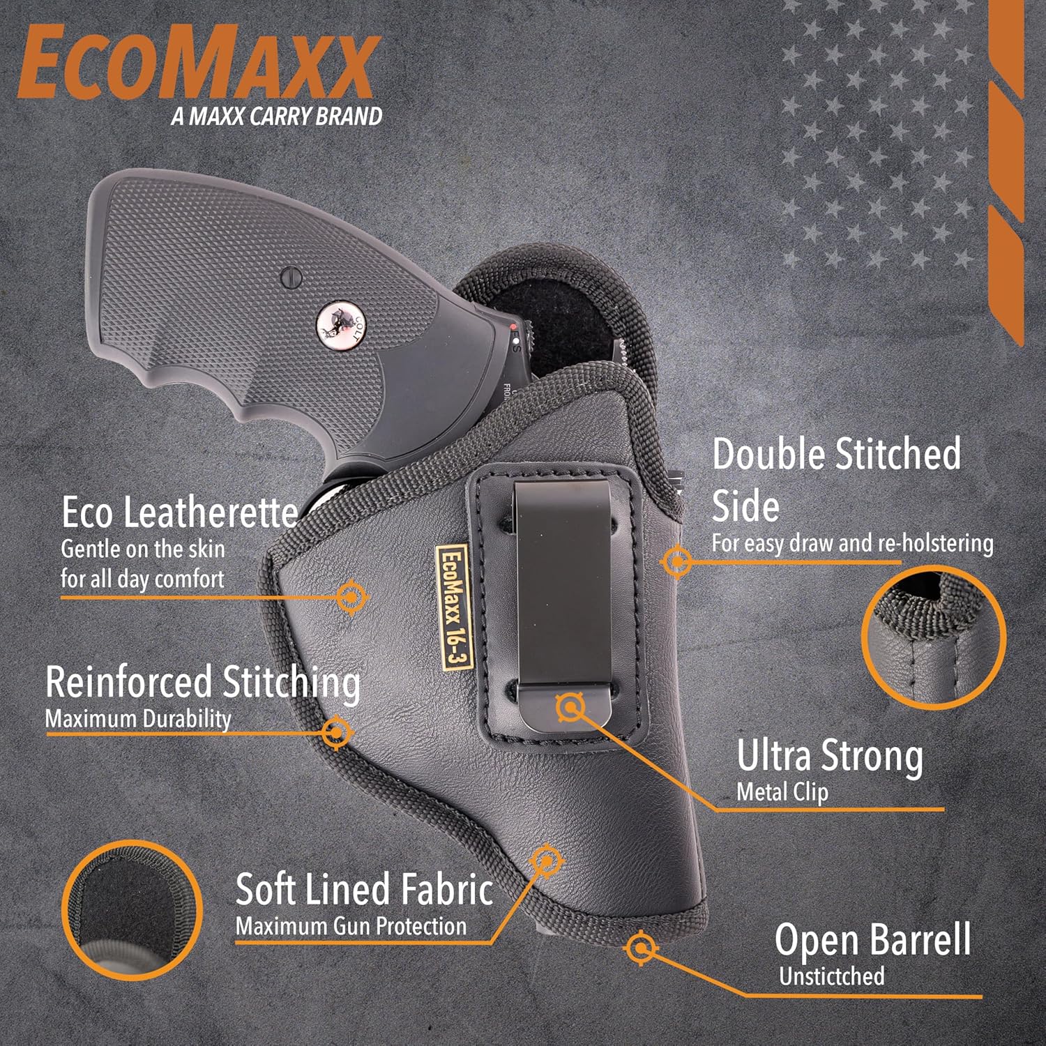 MAXX CARRY IWB Gun Holster, Conceal Carry, Soft Leatherette, Fits Most K & L 6 Shot Revolvers in a 2", 3" & 4" Barrel Length .38|357|9|44cal. Ruger SP101, Colt Python, Taurus Judge