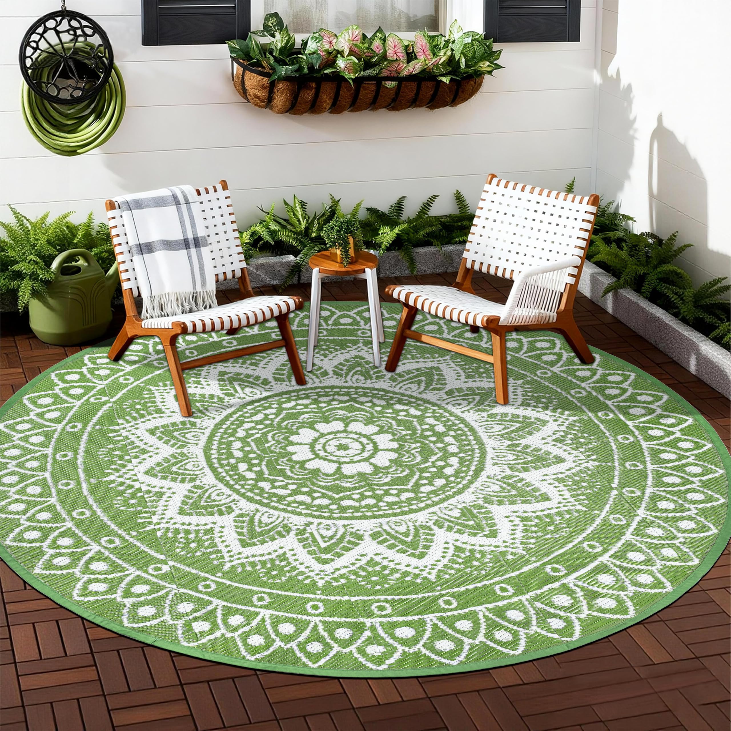 VSIWB Round Outdoor Rug for Patio 240cm Reversible Waterproof Foldable Garden Rugs Boho Plastic Straw RV Mat Picnic Camping Carpet for RV Balcony Beach Deck Terrace Apartment, Green/White
