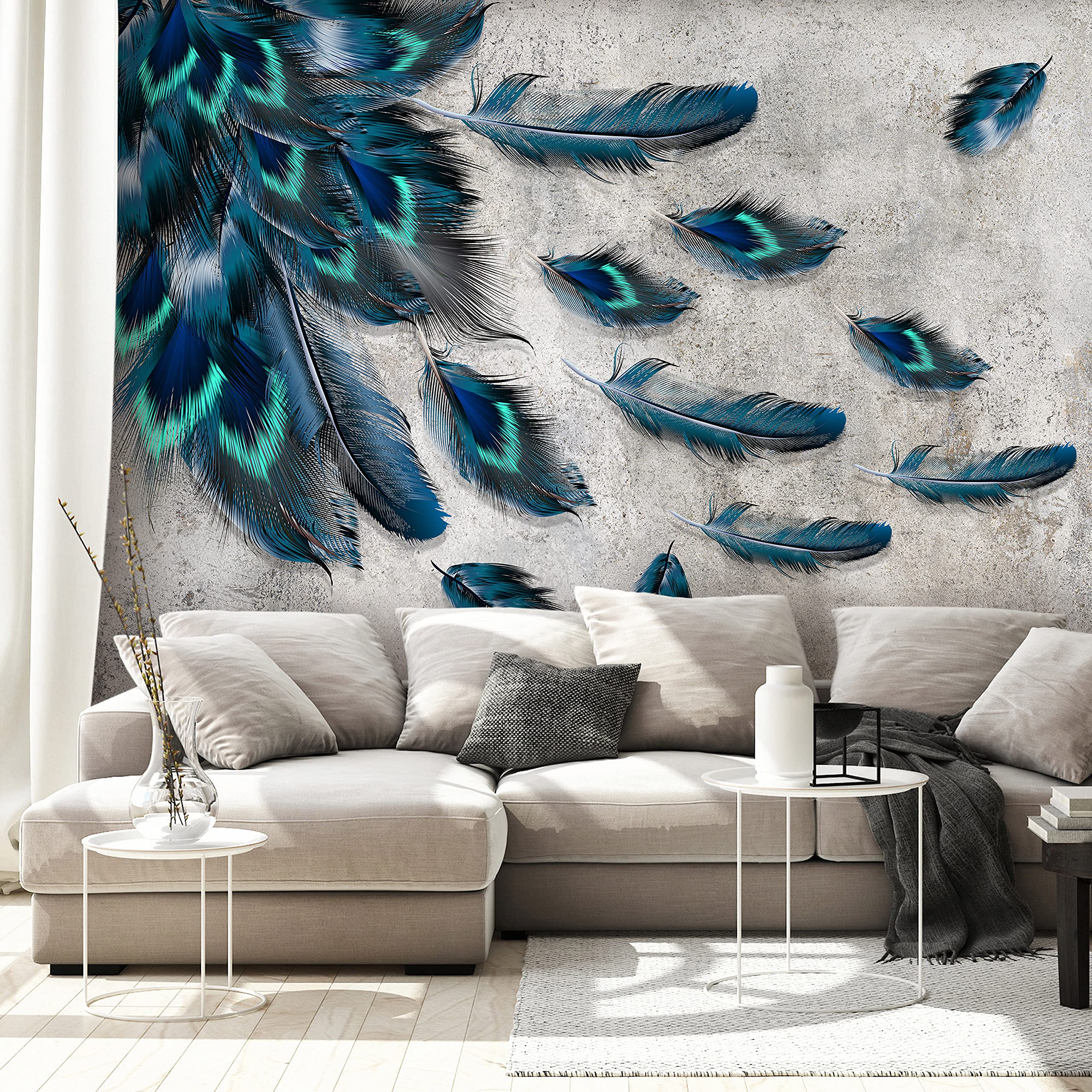 murando - Fototapete Premium-Vlies Pfauenfeder, 500x350 cm, Schlafzimmer | Premium-Vliesstoff, Full HD Druck, hochwertige Verarbeitung fürs Wohnzimmer, schnelle Montage, lichtbeständig, geruchsfrei