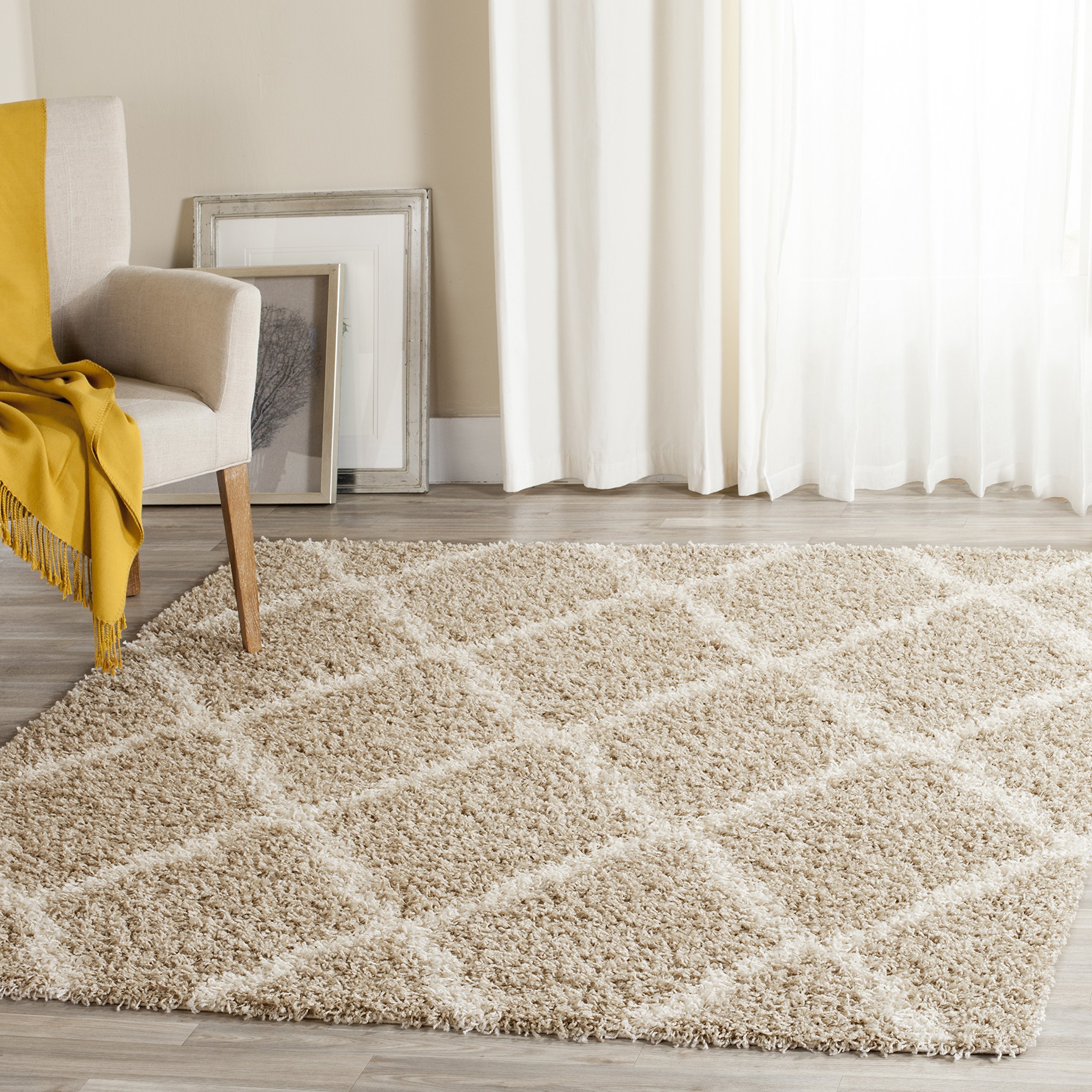 SAFAVIEH Dallas Shag Collection Area Rug - 6' Square, Beige & Ivory, Trellis Design, Non-Shedding & Easy Care, 1.5-inch Thick Ideal for High Traffic Areas in Living Room, Bedroom (SGD257D)