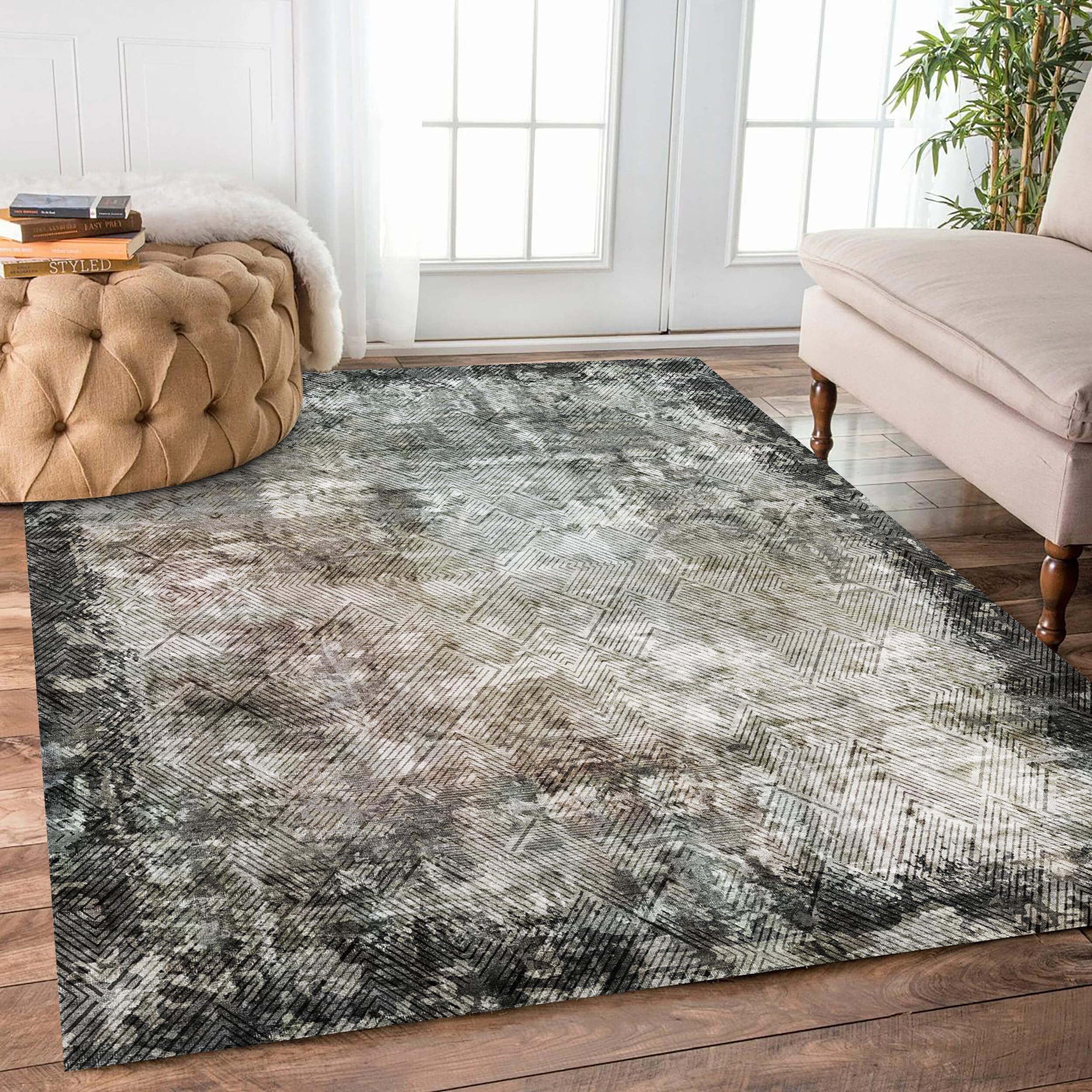 6' x 9' Washable Area Rug - Low Pile Soft Vintage Indoor Rug for Living, Dining or Bedroom - Lightweight Carpet with Non-Slip Backing - Foldable for Easy Placement, Blackish