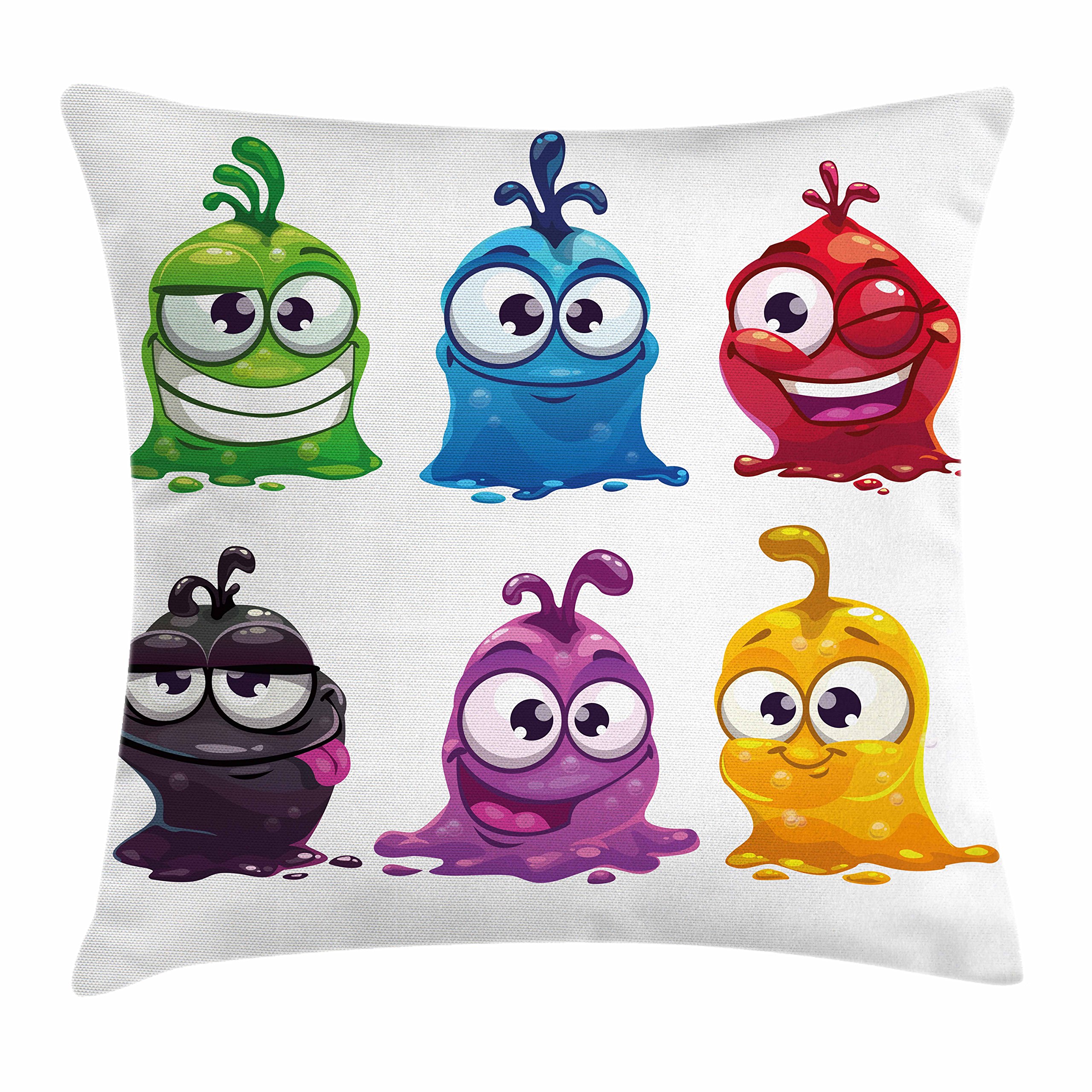 Lunarable Funny Throw Pillow Cushion Cover, Cartoon Creatures Liquid Character Big Mouth Eyes Fluid Jelly Monster Room, Decorative Square Accent Pillow Case, 36