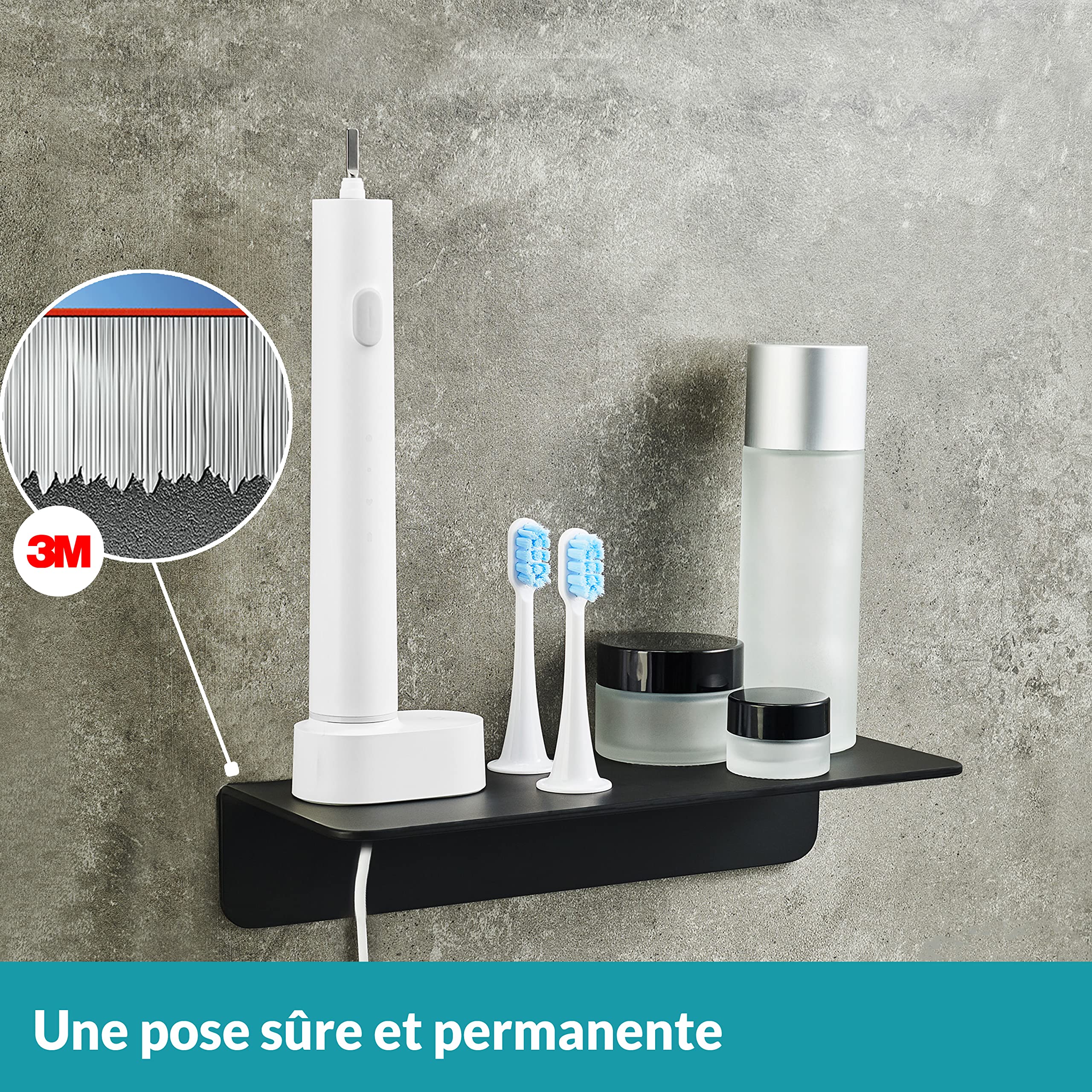 WEISSENSTEIN Tablette Murale Adhésive en INOX Noir 24 cm - Salle De Bains - Grande Étagère Autocollante - sans Trou Ni Percage