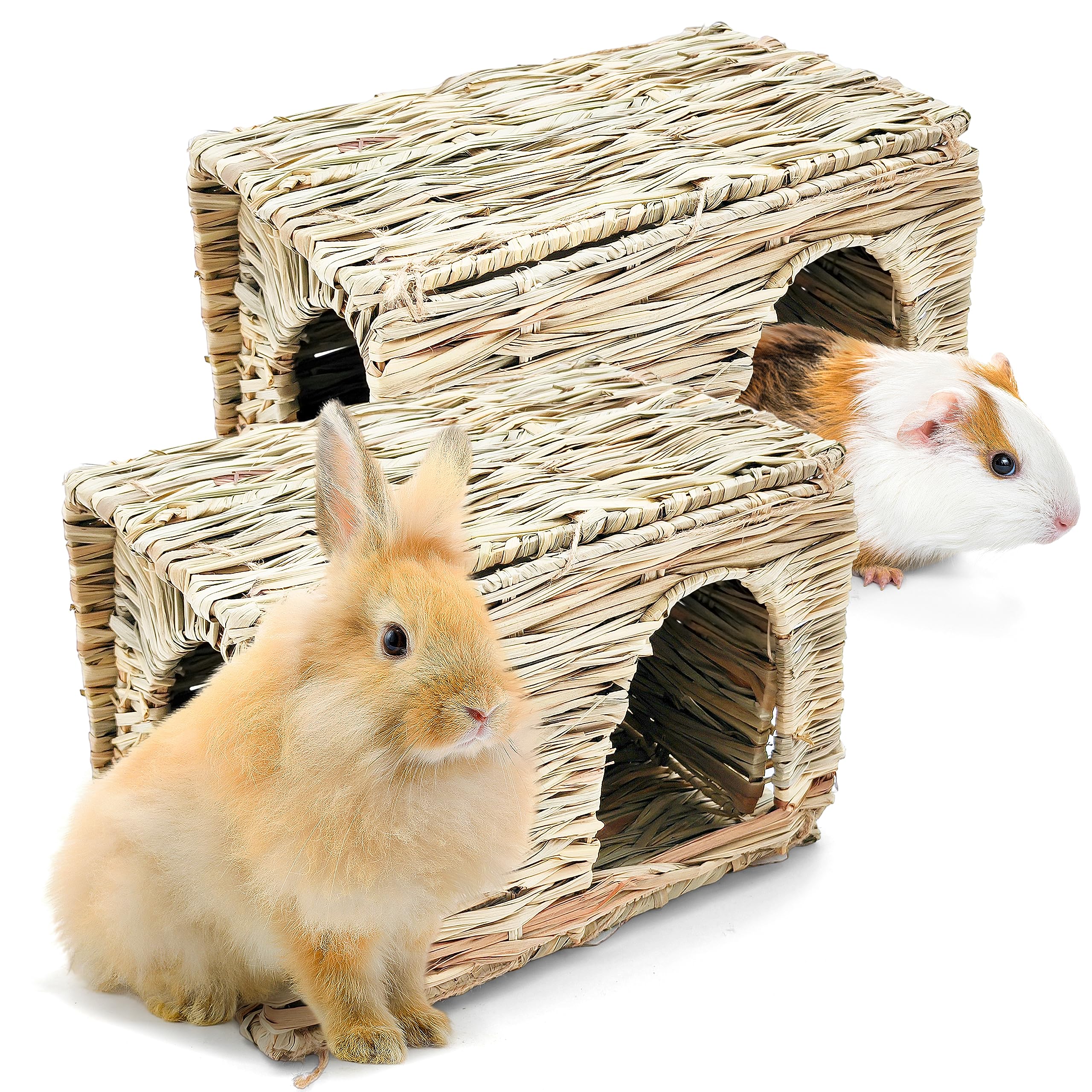 HIIMALEX Extra Large Wooden Bunny Castle Detachable Rabbit Hidey House for Bunny Hideout Tower Perfect for Indoor Bunnies and Guinea Habitat for Bunny Supplies and Playtime Fun (2PACK Grass Hideout)