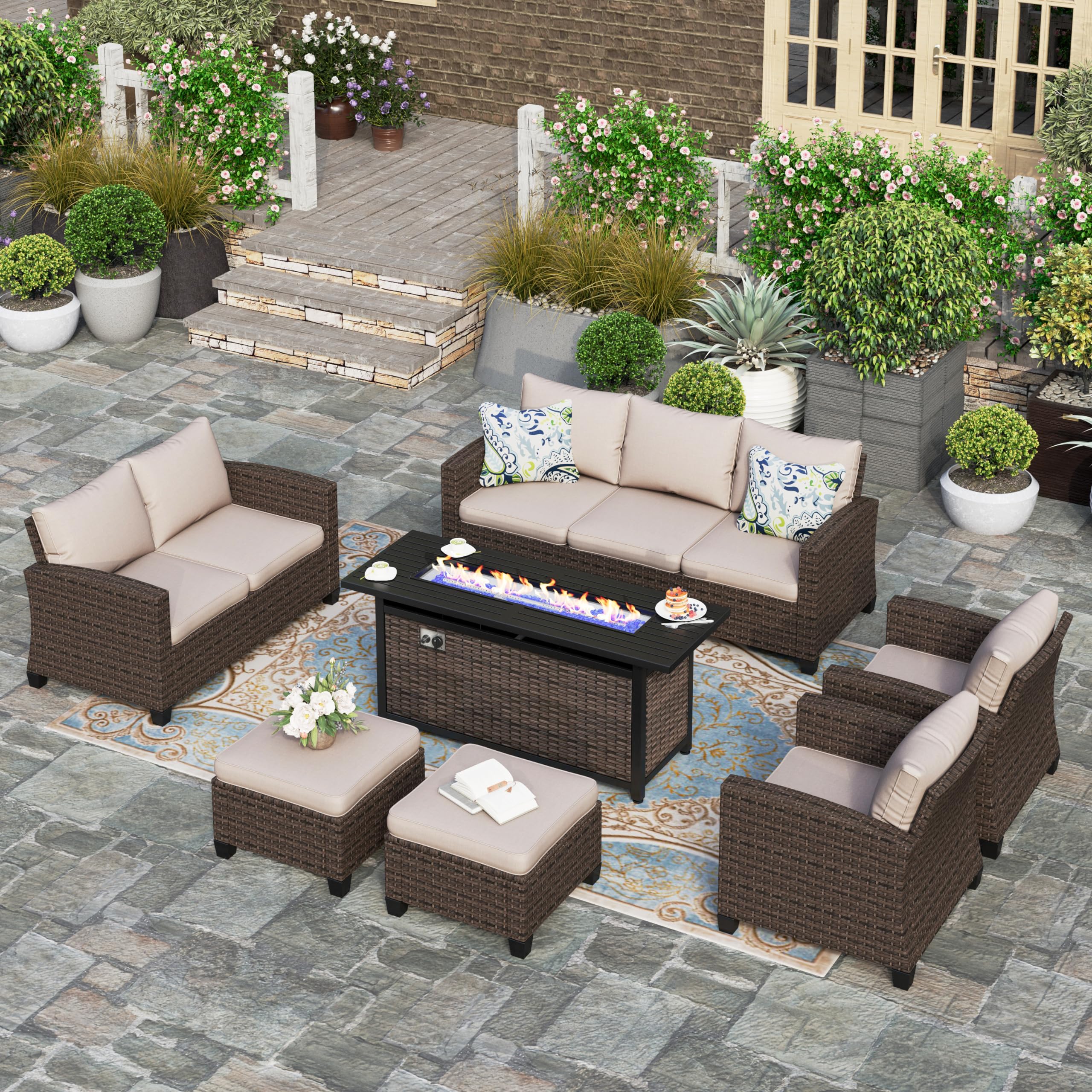 HERA'S HOUSE Wicker Patio Furniture Set with Fire Pit Table, Outdoor Rattan Conversation Sofa Sets for Lawn Yard
