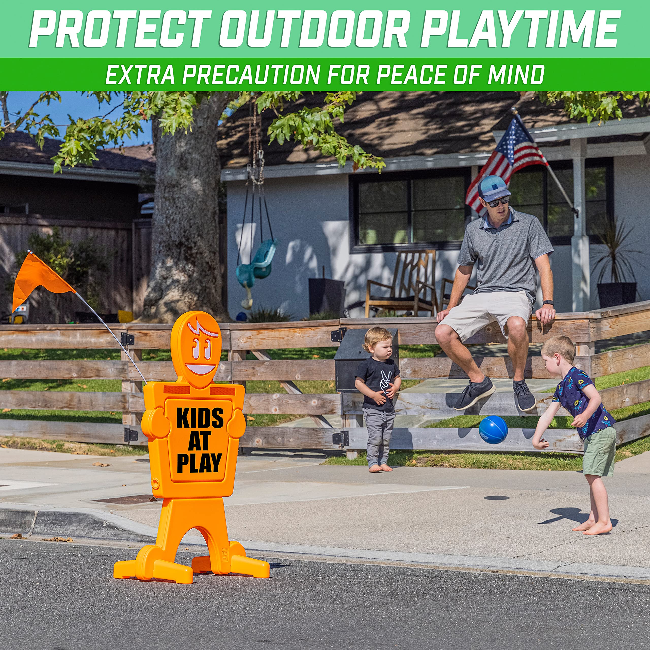 GoSports SlowDownMan! Señal de seguridad callejera – Señalización de alta visibilidad para niños en juego para vecindarios con 9 opciones de calcomanías y bandera