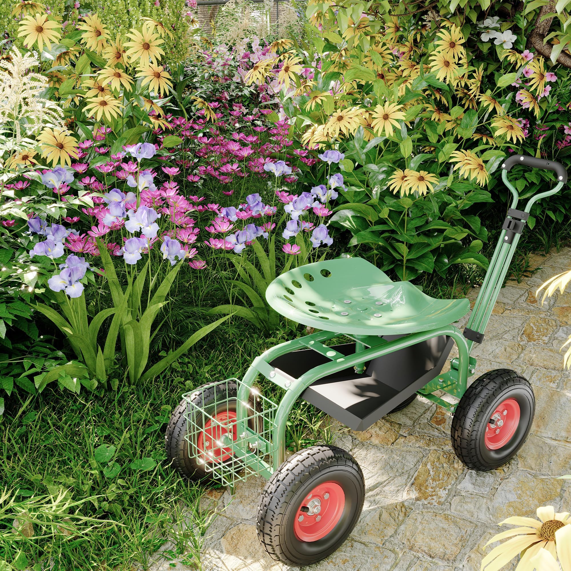 Carrello Da Giardino Con Sedile Su Ruote, Sgabello Da Giardino Con Ruote, Sgabello Da Giardinaggio Resistente Per Piantare Con Sedile Girevole a 360 Gradi, Maniglia Di Sterzo e Vassoio Portau
