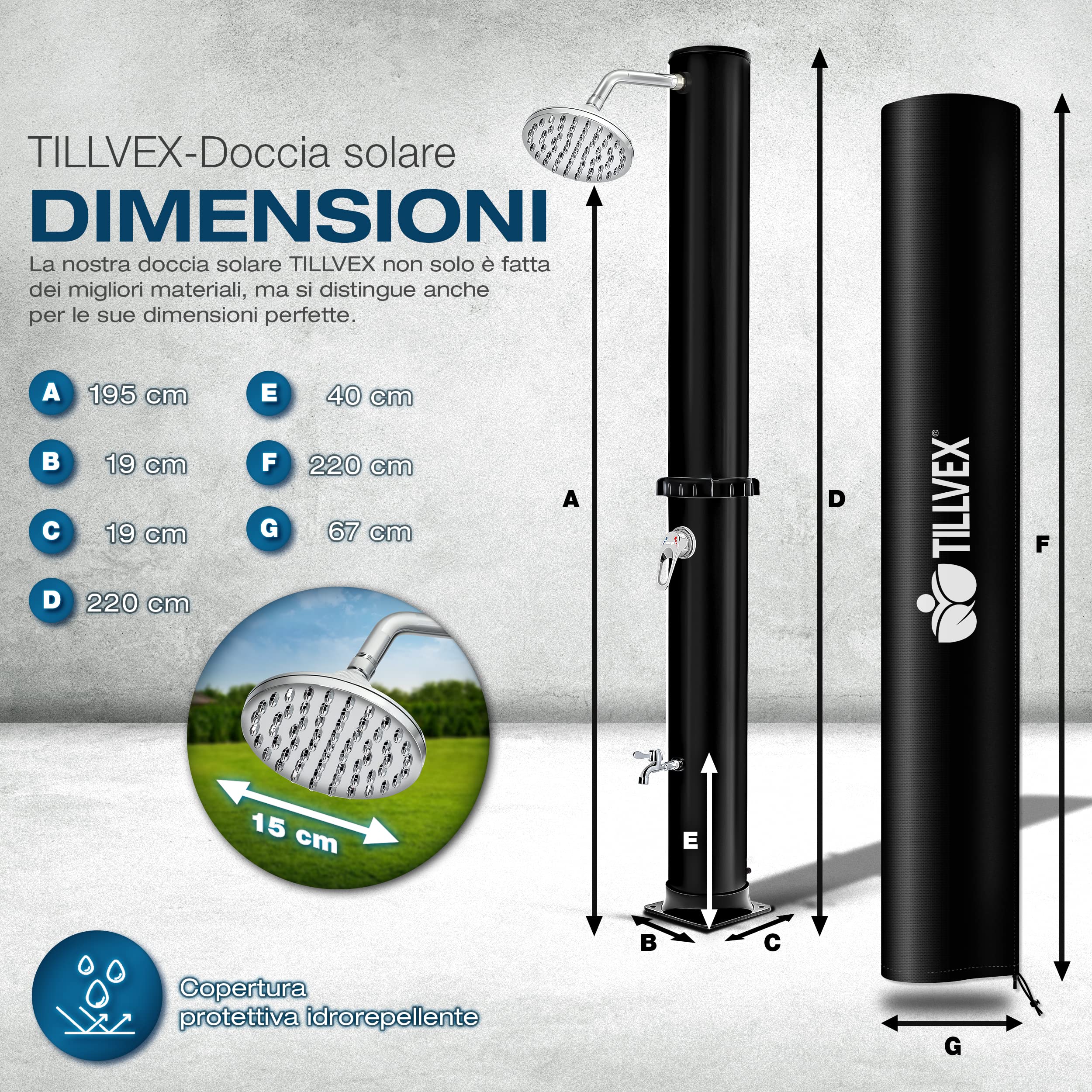 tillvex Doccia Solare da Giardino 35 Litri - Custodia Protettiva Inclusa, con Rubinetto e soffione a Pioggia, Collegamento per Tubo da Giardino