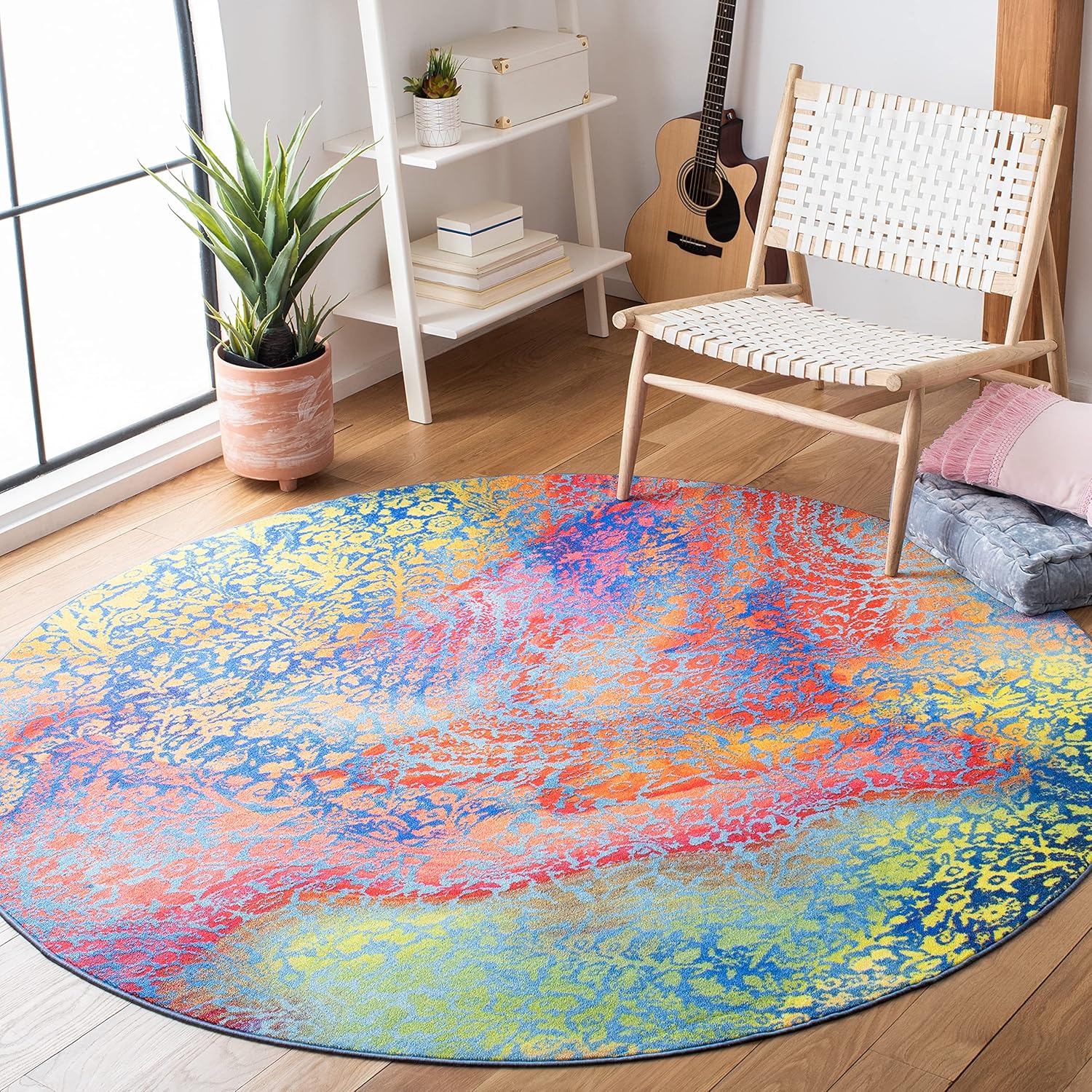 SAFAVIEH Washable Rug Paint Brush Collection - 6'7" Round, Blue & Coral, Slip Resistant & Easy to Clean, Ideal for Living Room, Bedroom, Nursery, Kids Playroom, Dining Space (PTB119B)