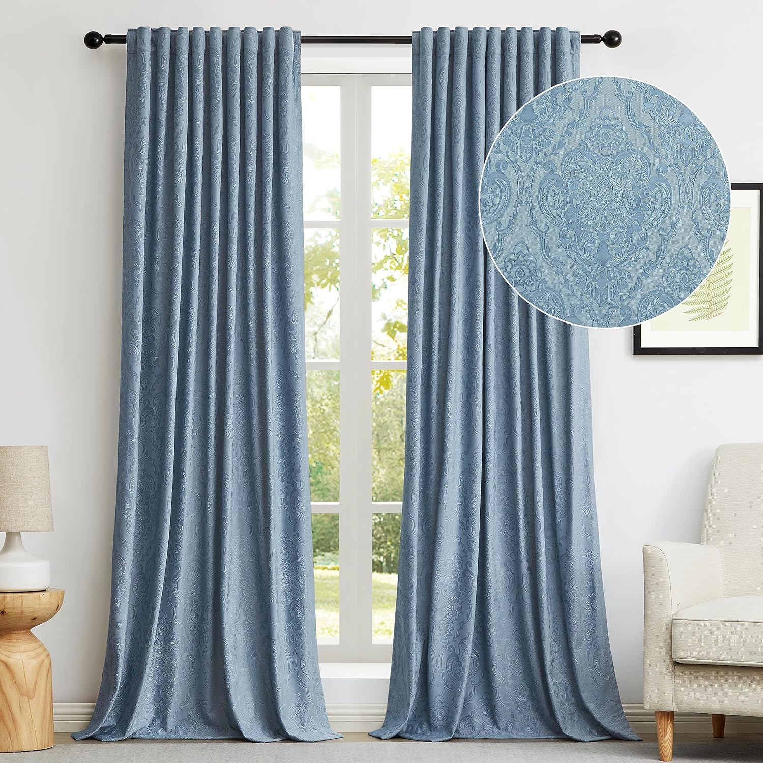 GIGIZAZA Velvet Curtains 84 Inch Long 2 Panels, Grey Blue Boho Drapes Flower Embossed Blackout Window Curtain for Living Room Back Tab Thermal for Bedroom Grey Blue 52"W x 84"L (Pack of 2)