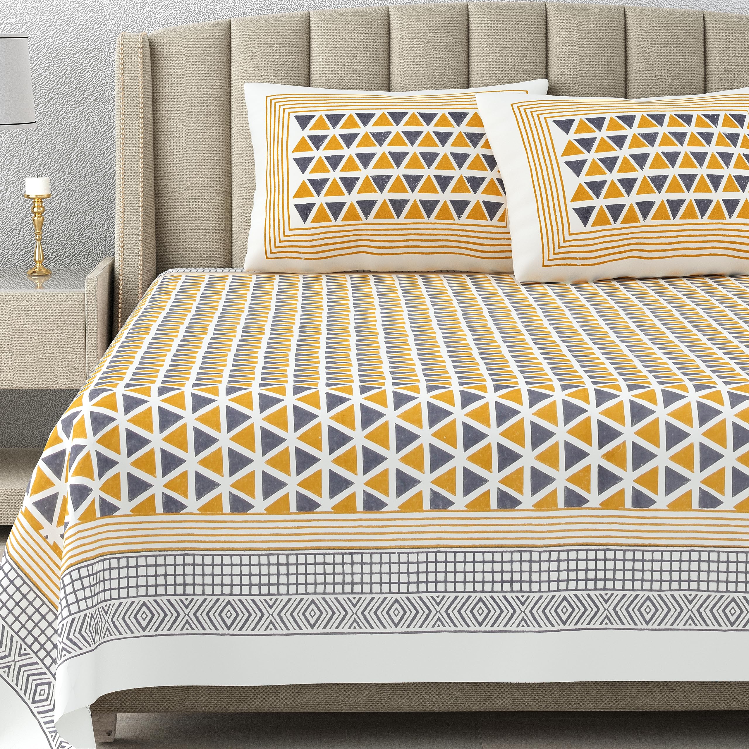 DE CAMA Since 1997 | 100% Cotton 300 TC Premium Super King Size Hand Block Print Bedsheet for Double Bed (108 x 108 Inch) with 2 Pillow Covers Set, Designer Printed Bedsheet Set - Geometric Yellow