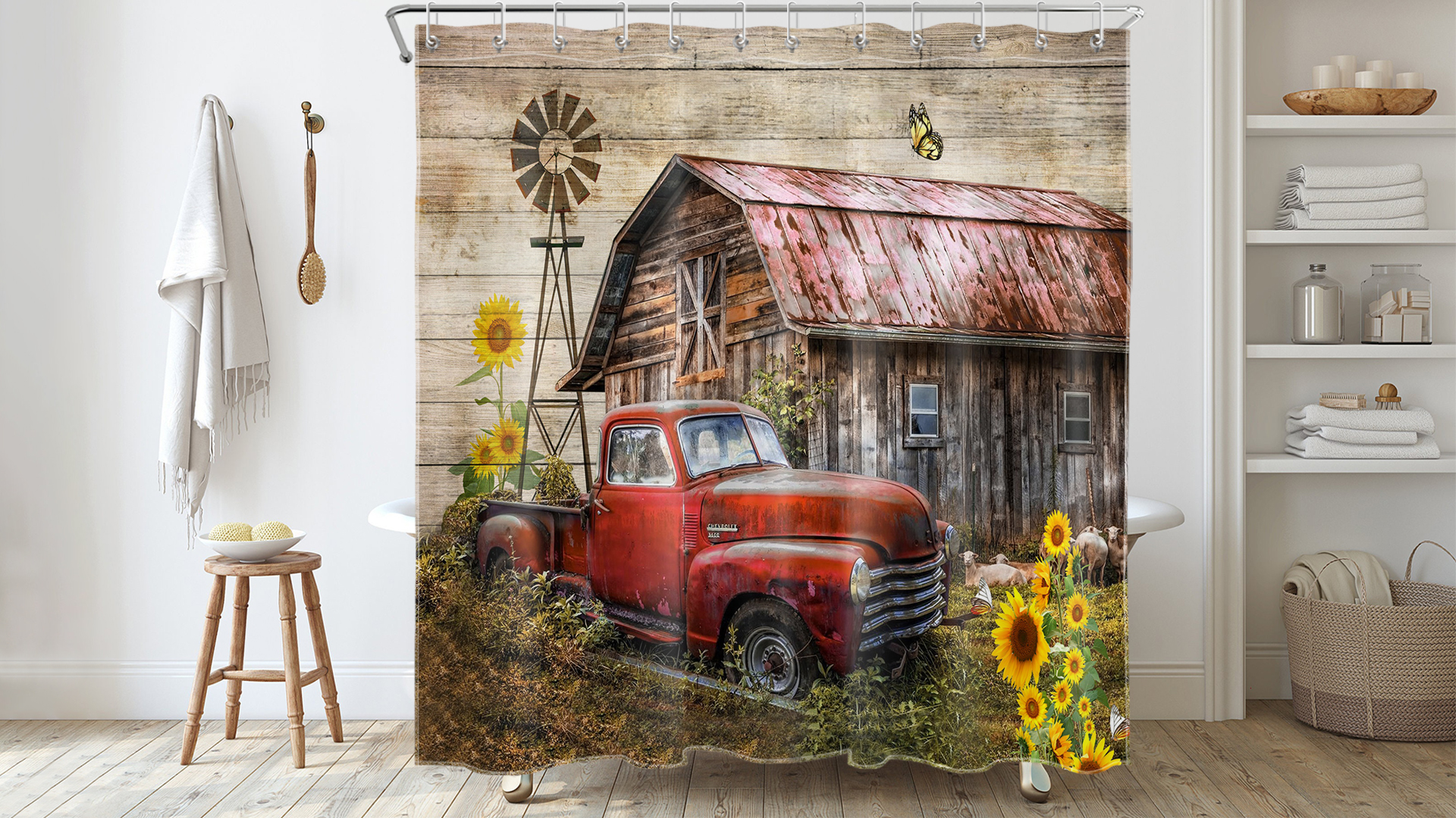 Rideau De Douche Rustique à Séchage Rapide En Tissu à Séchage Rapide Avec 12 Crochets – 178 X 178 Cm – Motif : Marguerites Blanches, Papillon Sur Planche En Bois Rustique – Décoration D'intérieur