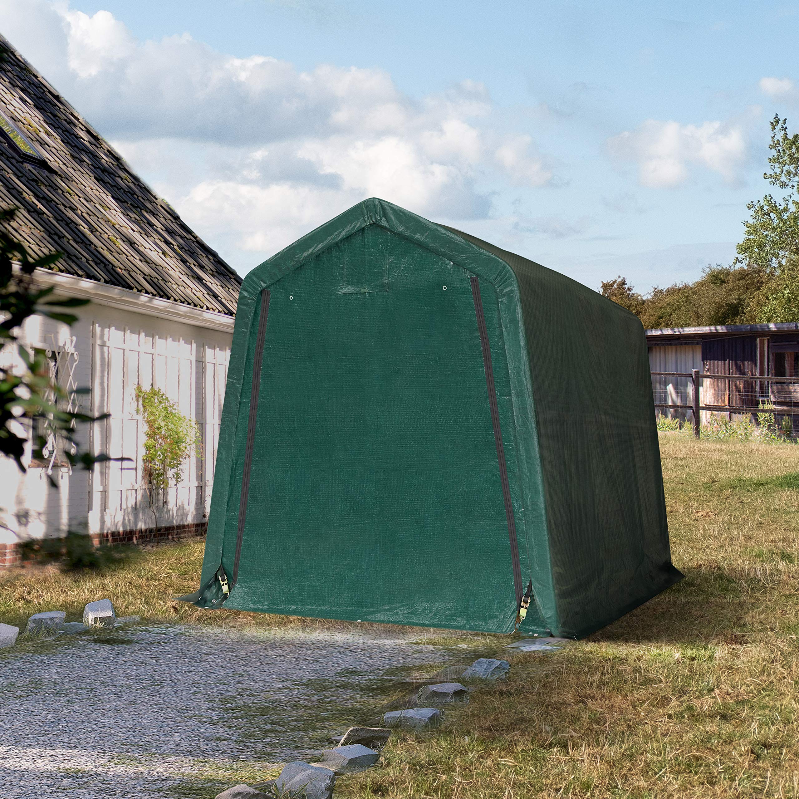 TOOLPORT Tendone Garage 2,4 x 3,6 m verde scuro, Costruzione Stabile in Acciaio con Telo PE Garage per Bicicletta