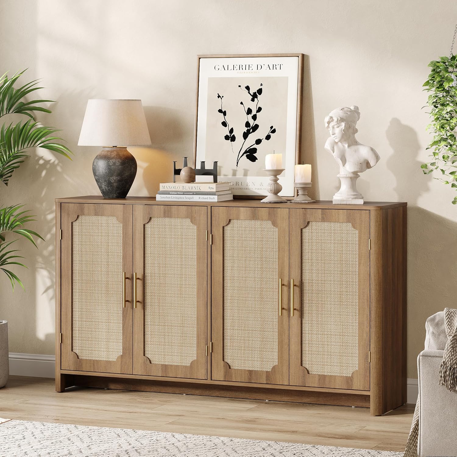 Rattan Sideboard Buffet Cabinet with Storage, Boho Kitchen Buffet Credenza Storage Cabinet with 4 Doors & Adjustable Shelves, TV Stand Console Coffee Bar Cabinets for Living Room/Dining/Kitchen, Oak