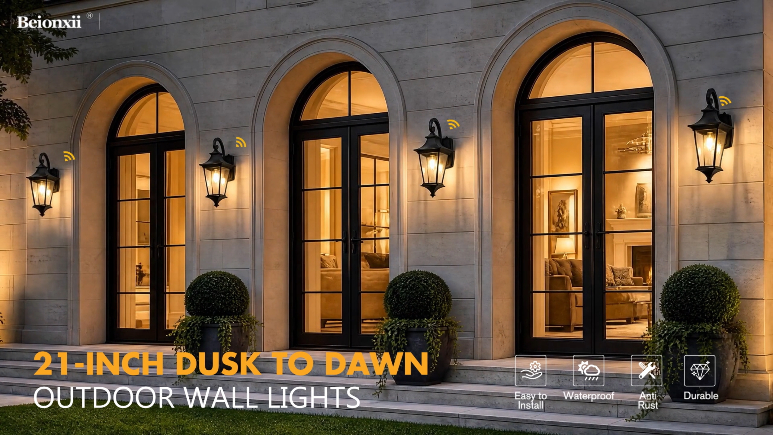 Image of Beionxii 21Inch Outdoor Wall Light, Dusk to Dawn Large Outdoor Wall Lantern | Porch Lantern,Black Front Door Wall Lighting,Cast Aluminum w /Clear Glass for Coastal Pillars Paths Porch,120V, BX-OD02-WL-21S