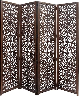 COTTONCRAFT Scroll Antique Brown 4-Panel Hand Carved Wood Room Divider 72x80 - Folding Reversible Privacy Screen for Boho Decor
