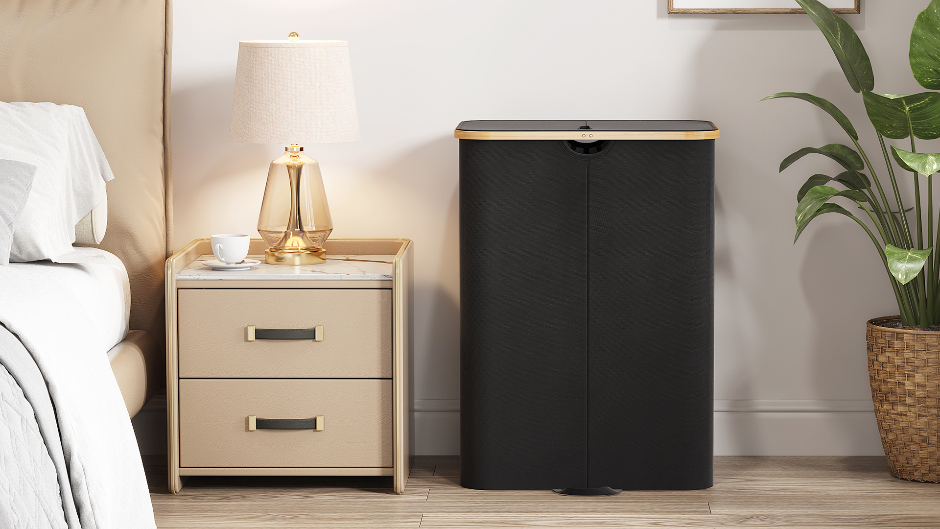 Cesto Portabiancheria 120L Con Coperchio - 2 Scomparti E Sacchi Rimovibili | In Tessuto E Bambù - Foto 6