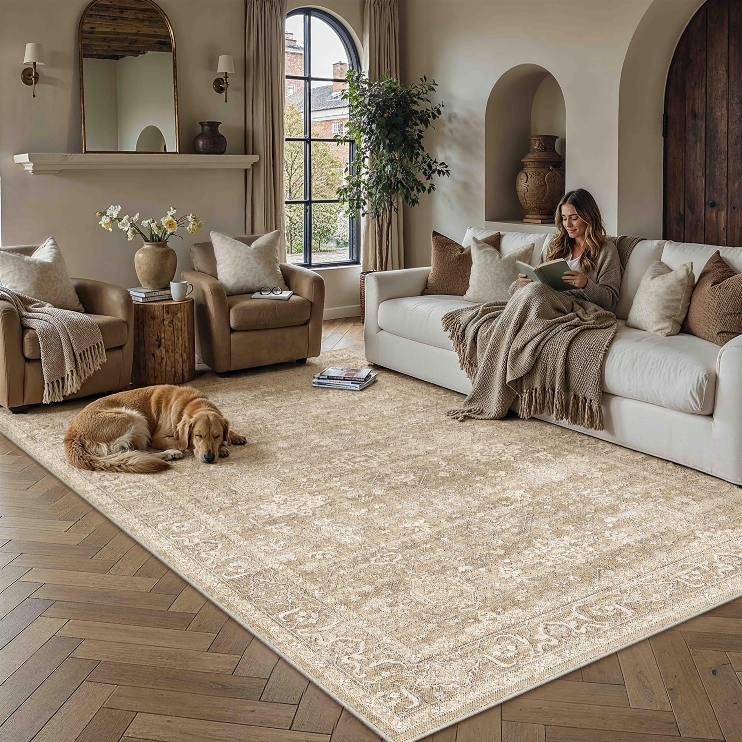 PureCozy Vintage Teppich Wohnzimmer 140x200cm Beige Schlafzimmer Wohnzimmerteppich Waschbarer Carpet Weich rutschfest Teppiche Esszimmer Büro Kurzflor Groß Tepich Carpets Rug