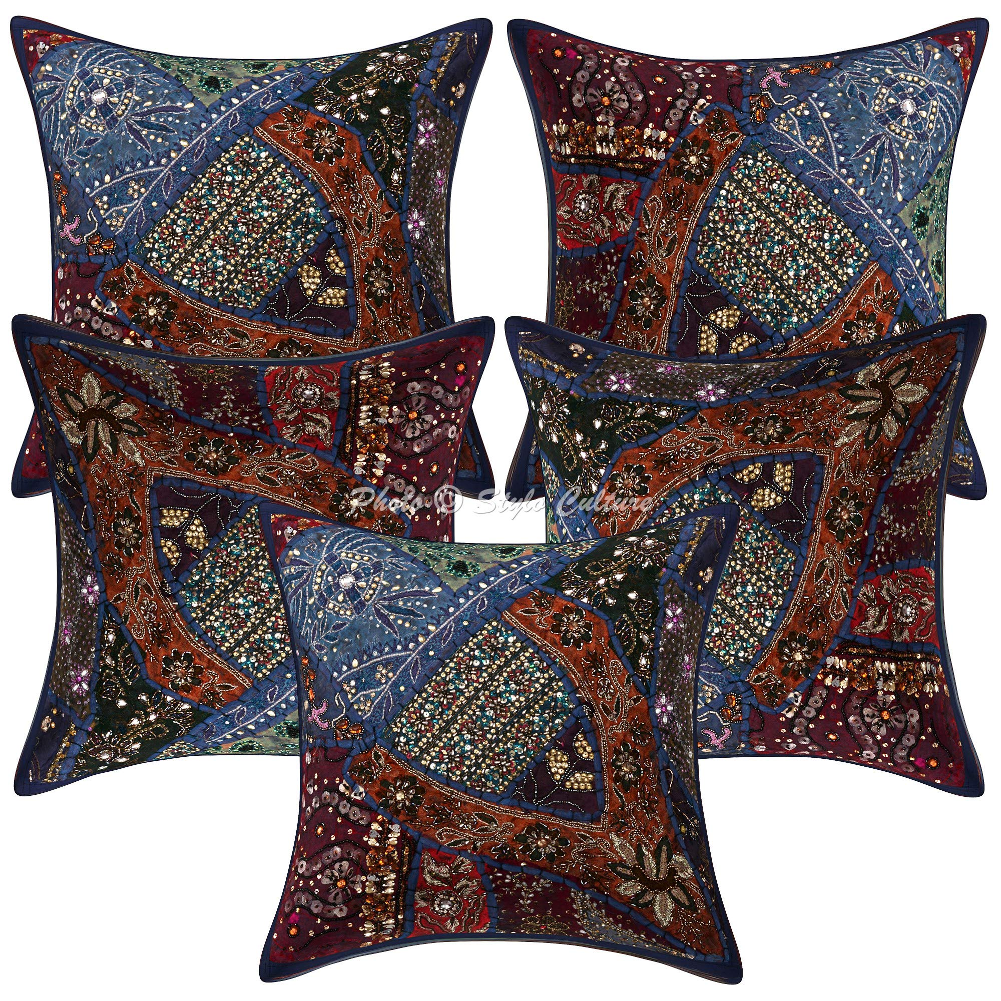 Boho Fundas para Cojines Decorativos 40x40 cm Algodón Bordado Forros De Cojines Silla Azul 16x16 Inch Patchwork De Cuentas Cuadrado sobre Fundas para Almohadas De Cama - 5 Pcs