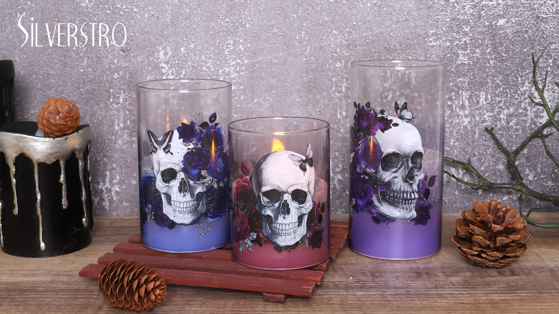 Image of Gothic Skull Flameless Candles Set with Remote Control Timer Function, 3-Piece Horror Theme Halloween Decorative Candles for Home Party Haunted House Horror Theme Halloween Decorations