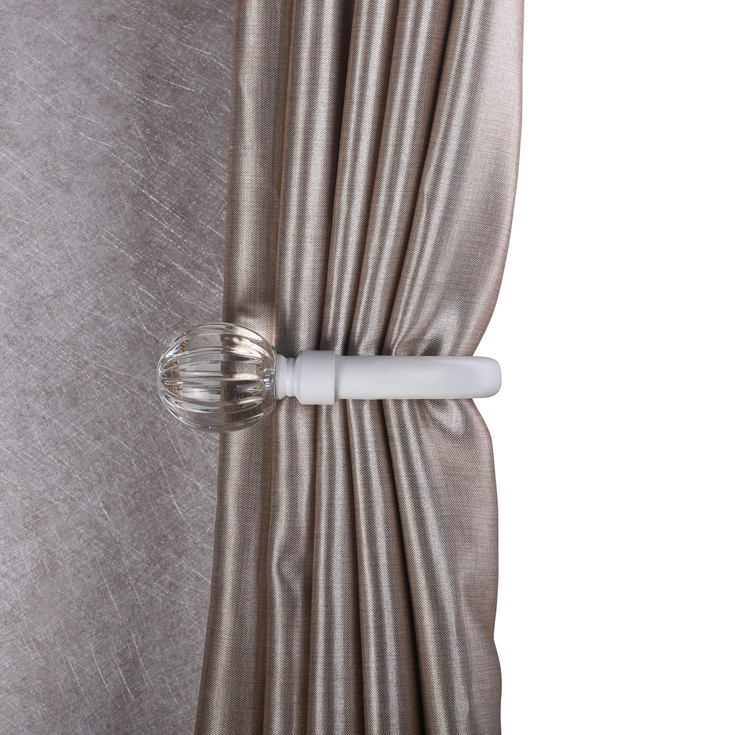 Home Harmony® Fluted Crystal Ball Finial Telescopic Extendable Curtain Pole set In Black Silver White and Matching Holdbacks Available (White, Holdback Pair)