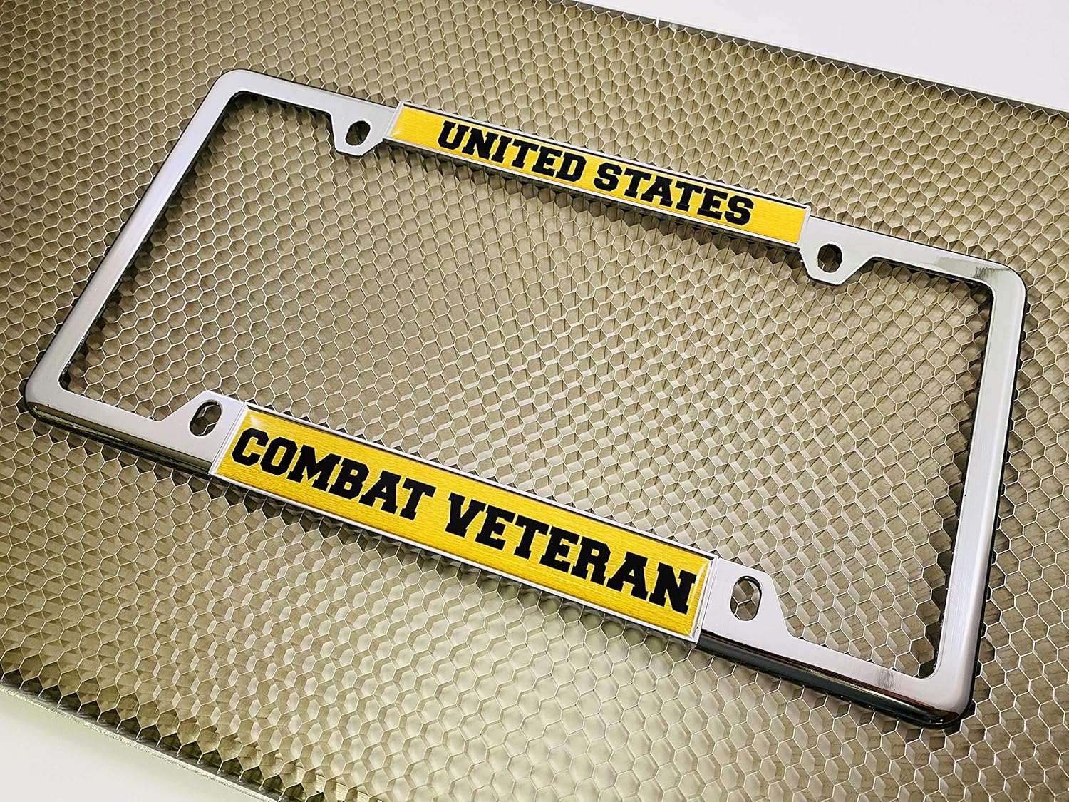 U.S. Combat Veteran - Domed Custom-Made Personalized Narrow (Thin) Top 4 Hole Metal Car License Plate Frame with Free caps - Chrome (Quantity: 1 Frame)