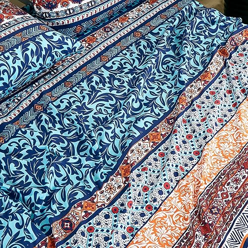 Miniatura 5 de Chezmoi Collection Shore - Juego de sábanas de 4 piezas a rayas bohemias, medallón floral, colorido, azul marino, naranja, rojo, blanco, estampado