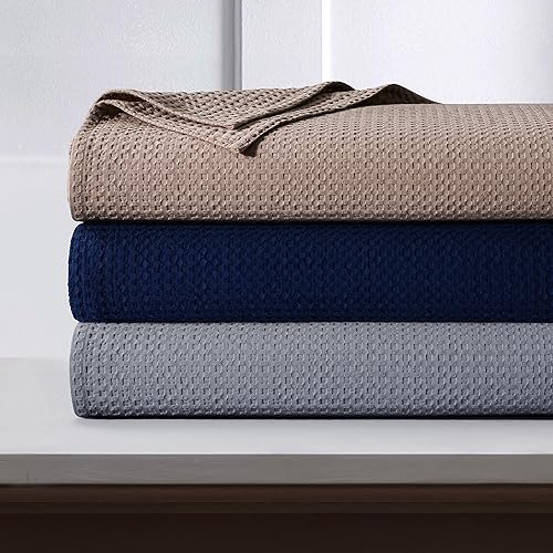 Miniatura 1 de Tribeca Living Manta de algodón con tejido de gofre, ropa lavada, suave, ligera, transpirable, de gran tamaño, para todas las estaciones, Madridazul