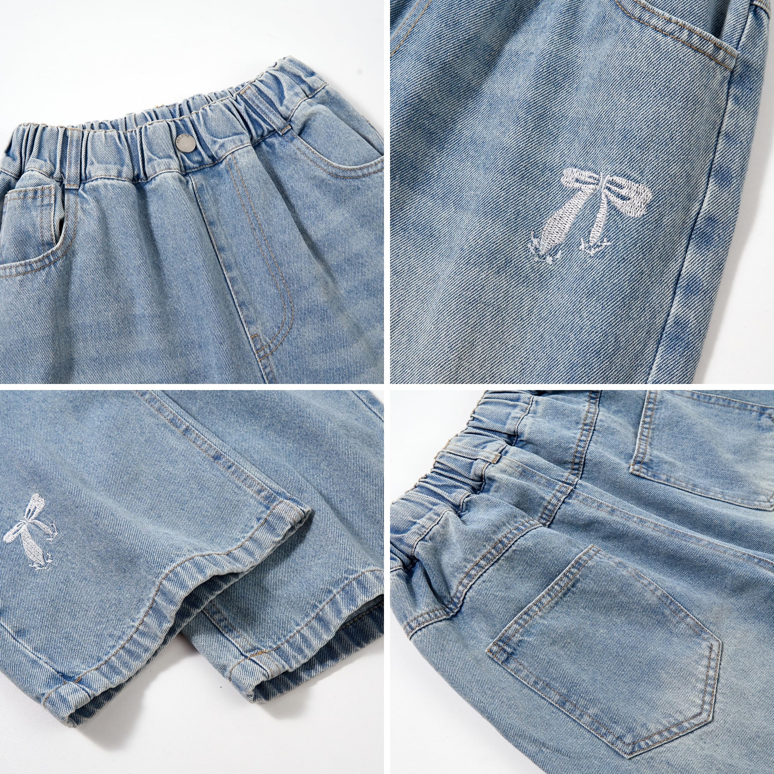 Rolanko Jean Baggy pour Filles, Taille Haute Élastique et Jambes Larges Pantalon en Denim de Bootcut Ample pour Enfants 6 à 15 Ans