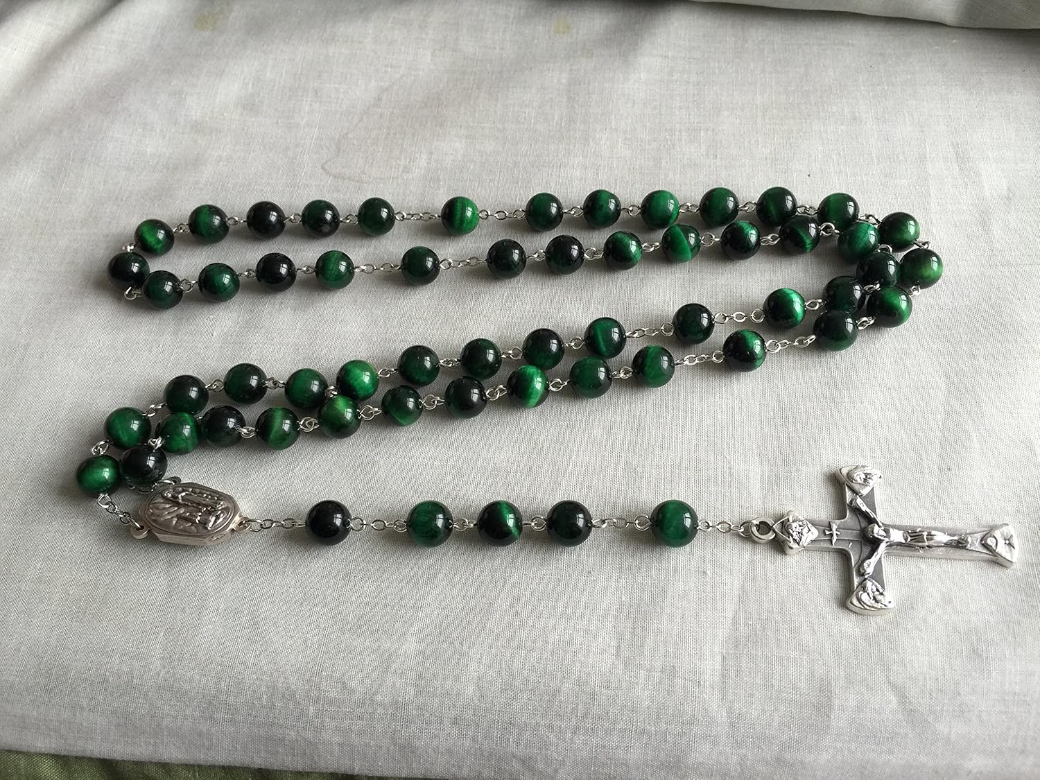 elegantmedical HANDMADE 10MM green Tiger Eye Bead Rosary CROSS catholic necklace Lourdes Water medal - Image 5