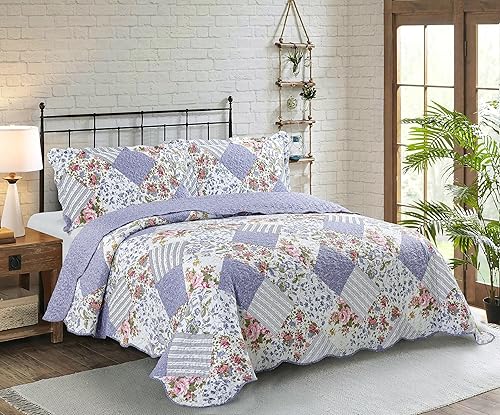 Miniatura 211 de Brilliant Sunshine Juego de edredón de 3 piezas con 2 fundas de almohada, diseño de corazón gris, diseño floral y de encaje, colcha reversible