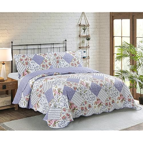 Brilliant Sunshine Rose Violet Patchwork, 3-Piece Quilt Set with 2 Shams, Reversible Bedspread, Soft Lightweight Coverlet, All-Season, King, Rose Violet