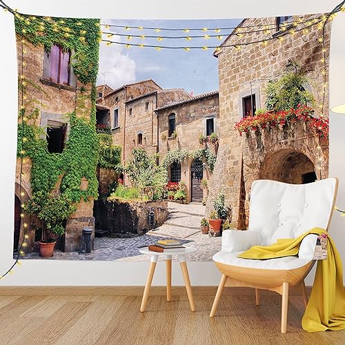 Miniatura 9 de Lunarable Tapiz de la Toscana, calles italianas en el campo, casas de ladrillo tradicionales con estampados antiguos toscanos, decoración de tela
