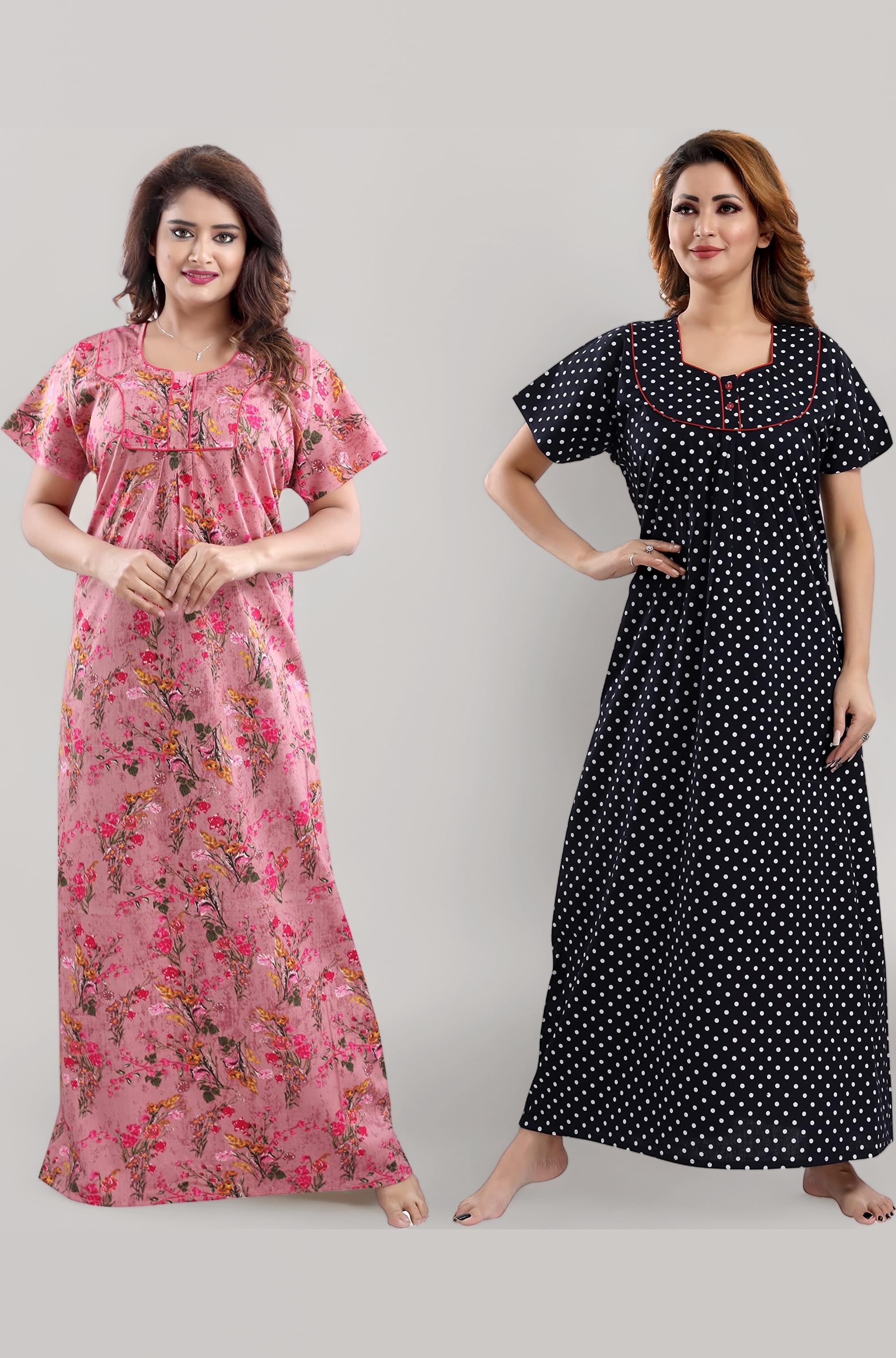 YKI® Women's/Girls Cotton Fabric Beautiful Print Nighty/Nightgown/Nightwear/Nightdress with Pocket (Pack of 2)