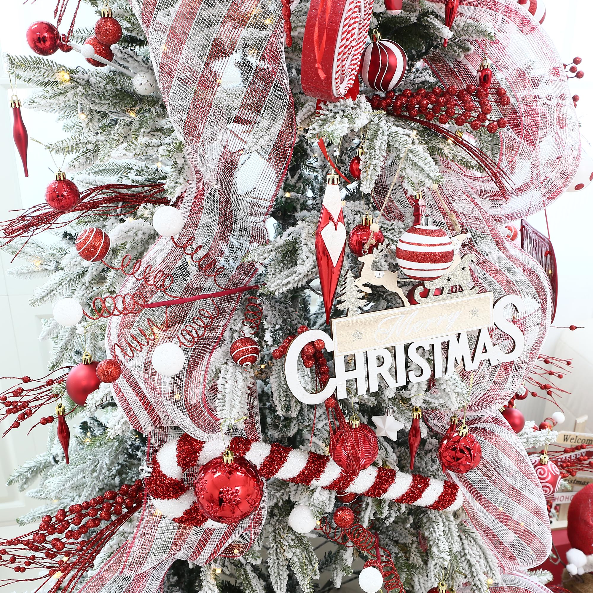 Sea Team Lot de 130 boules de Noël incassables assorties en plastique - Décoration de sapin de Noël, pendentifs, boules décoratives avec étoile de haut d'arbre pour sapin de Noël, guirlande (rouge)
