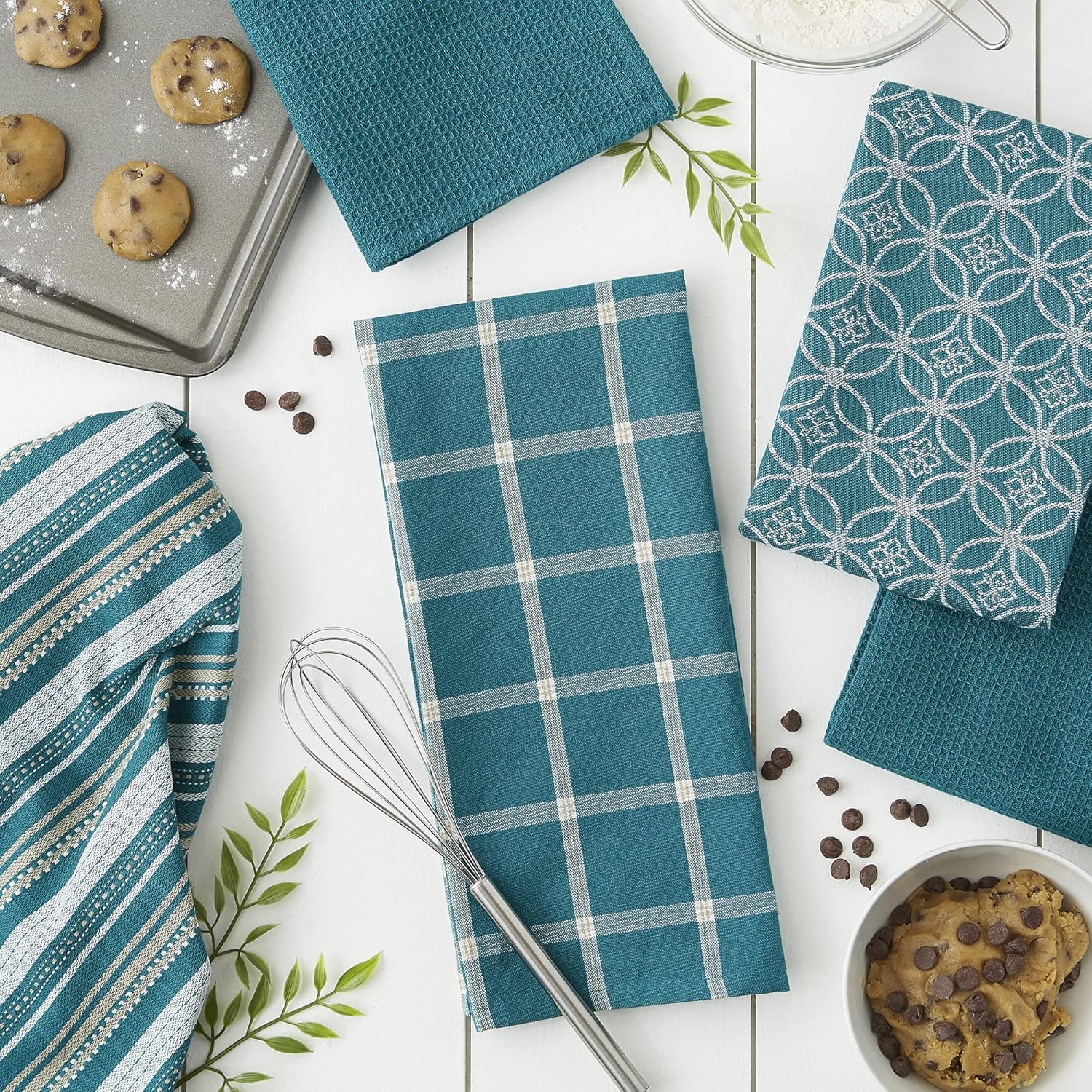 DII Assorted Woven Kitchen Set, Dishtowel, 18x28, Dishcloth, 13x13, Teal, 5 Piece