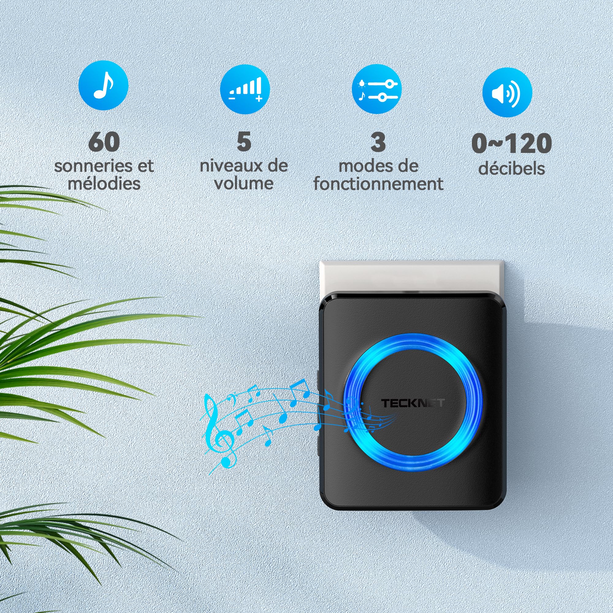 TECKNET Sonnette sans Fil Exterieur Étanche, IP65 Étanche 600 Mètres Sonnette Electronique, Deux Émetteurs et Quatre Récepteurs pour Sonnette, 60 Mélodies, Noir