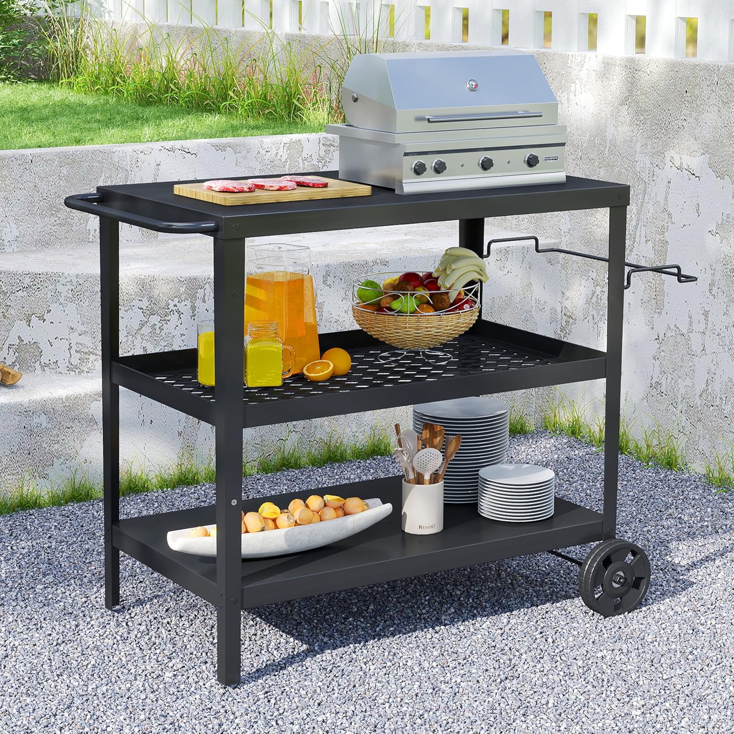 3-Tier Outdoor Grill Table, BBQ Prep Cart with Metal Top Storage Shelves, Rolling Grill Cart with Wheels, Tool Hooks & Gas Tank Holder, Iron Grill Side Table for Patio Backyard Outdoor Kitchen
