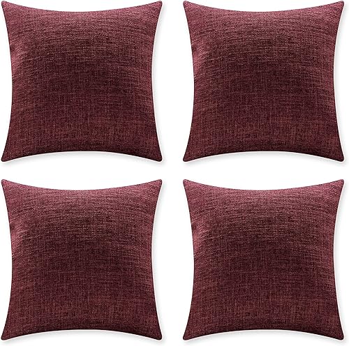 Home Brilliant Juego de 4 fundas de almohada decorativas de 18 x 18 pulgadas, fundas de almohada con forro vintage de lino rojo vino, fundas de