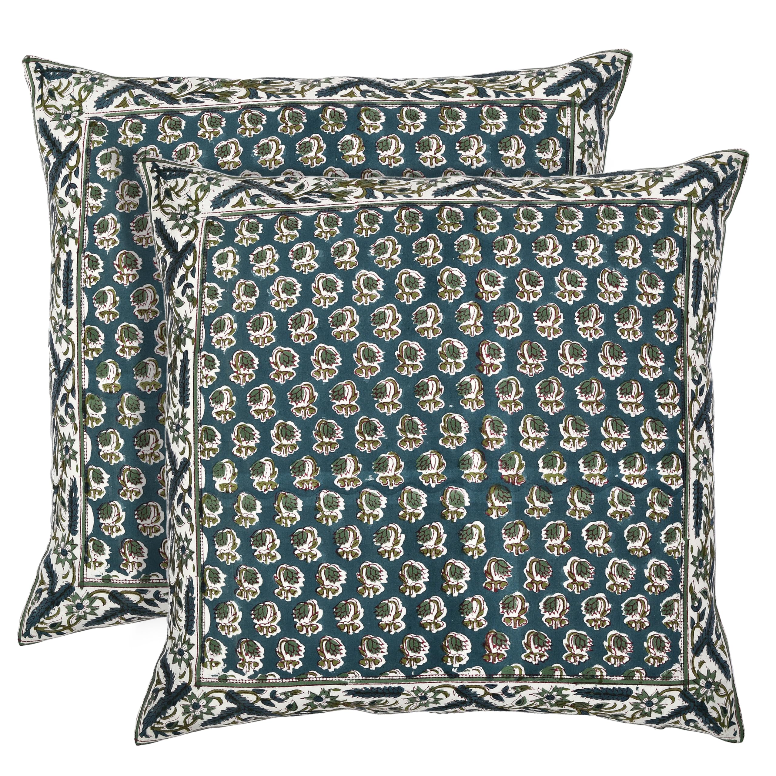 Ridhi Hand Block Print Peacock Blue 24x24 Set of 2 - Modern Farmhouse Pillow Covers Decorative Cotton Throw