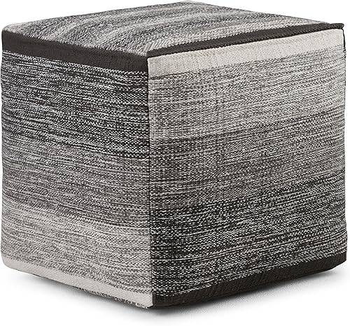 Miniatura 9 de SIMPLIHOME Briella - Puf cuadrado de 18 pulgadas de ancho hecho a mano de poliéster tejido de PET para exteriores/interiores, en gris y blanco