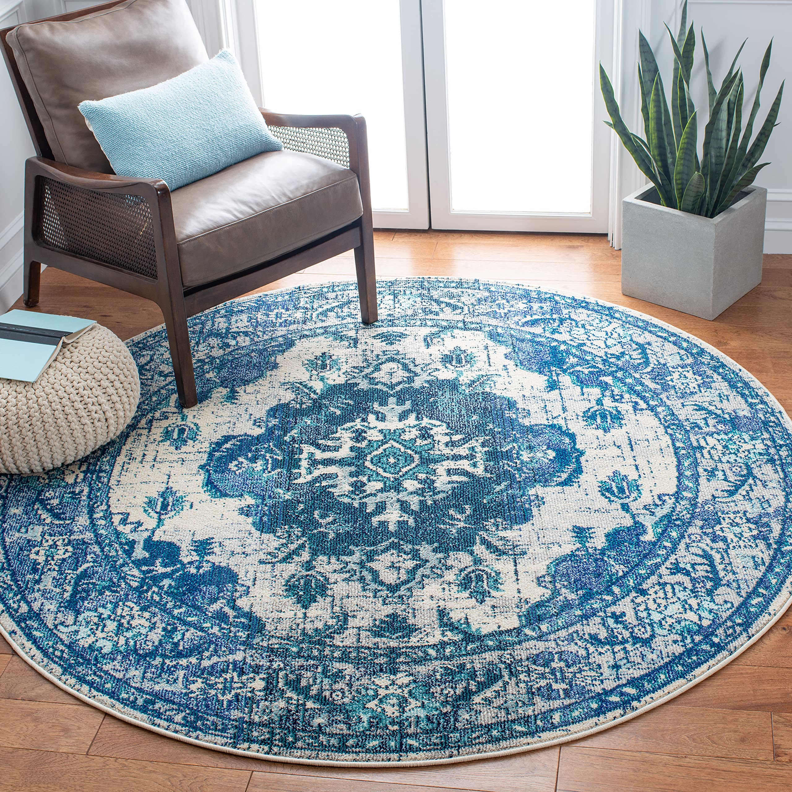 SAFAVIEH Monaco Collection Area Rug - 6'7" x 9'2", Ivory & Blue, Non-Shedding & Easy to Clean, Distressed Medallion Design, Ideal for Living Room,