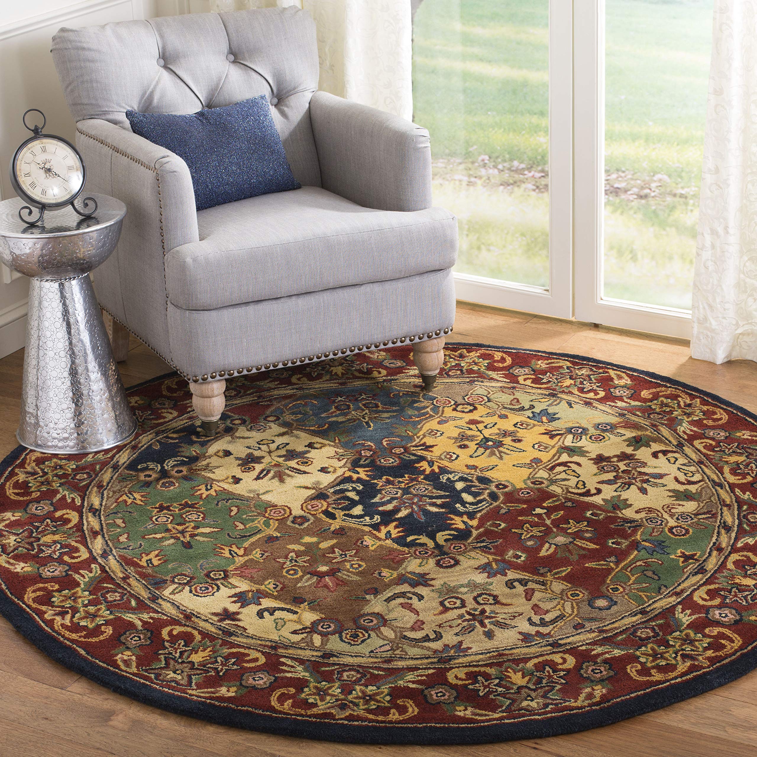 SAFAVIEH Heritage Collection 3ft 6in Round Multi / Burgundy HG911A Handmade Traditional Oriental Premium Wool Area Rug