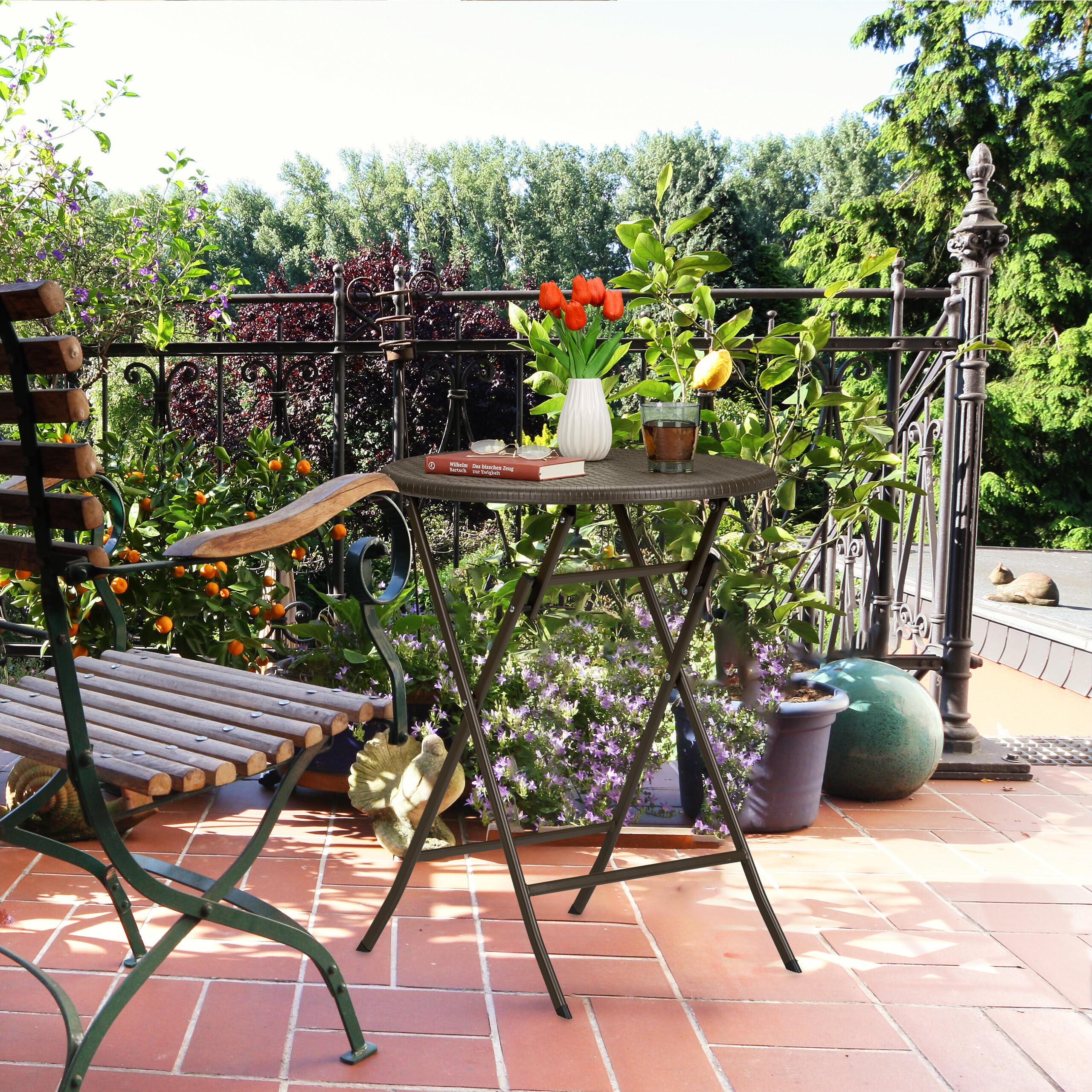 Relaxdays Tavolo da Campeggio Pieghevole, HxD: 75 x 60 cm, Tavolino in Plastica Rotondo, Posto per 4 Persone, Nero