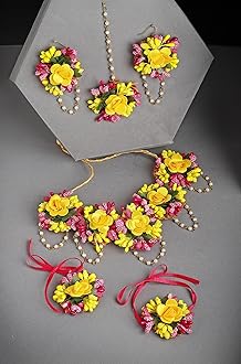 Jewellery Flowers Jewellery Set For Haldi Gota Patti Necklace, Earrings, Bracelet & Maang Tika for Women & Girls (Mehandi/Haldi/Wedding/Bridal/Baby Shower)